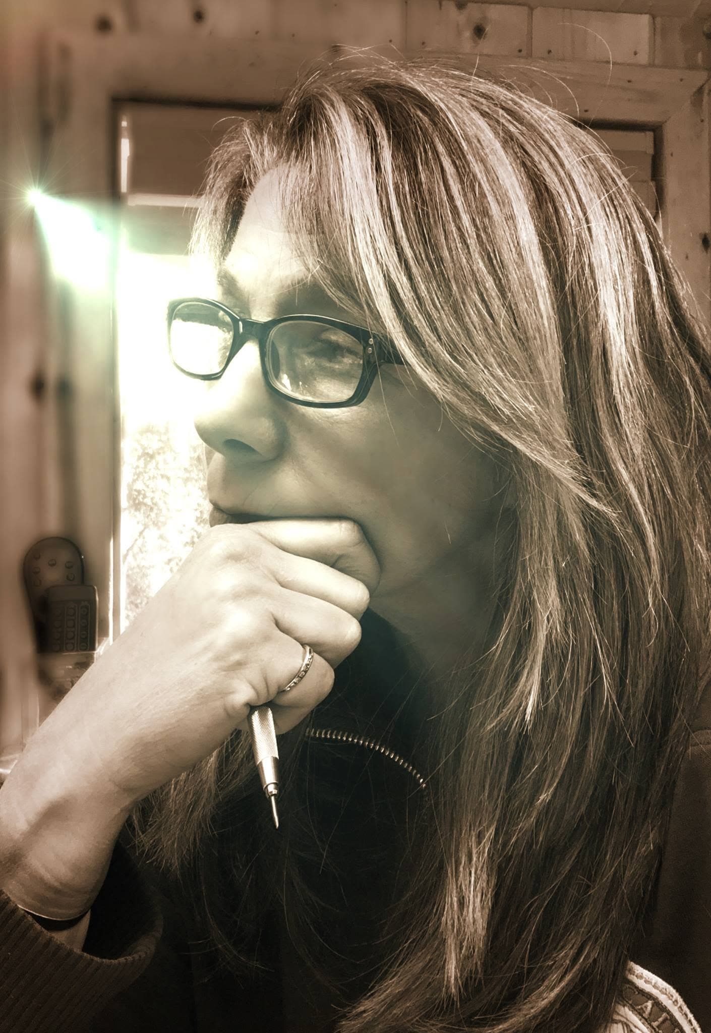 Kim Harris, pencil in hand